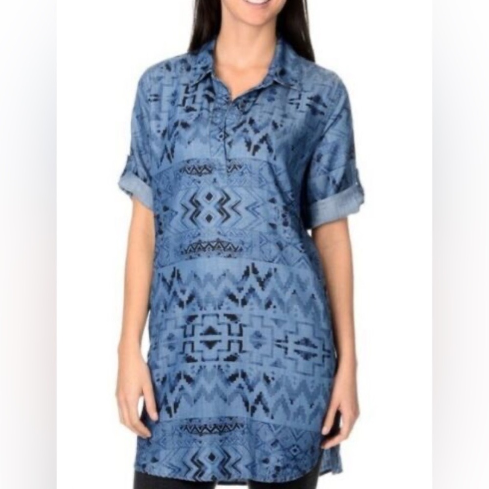 Philosophy Tencel Aztec Popover Tunic Shirt Dress Sz XL pockets roll tab sleeve